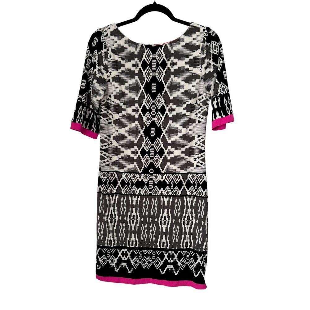 Eliza J Dress Size 8 Pink White Aztec‎ Geometric Print Short Sleeve Sheath Lined